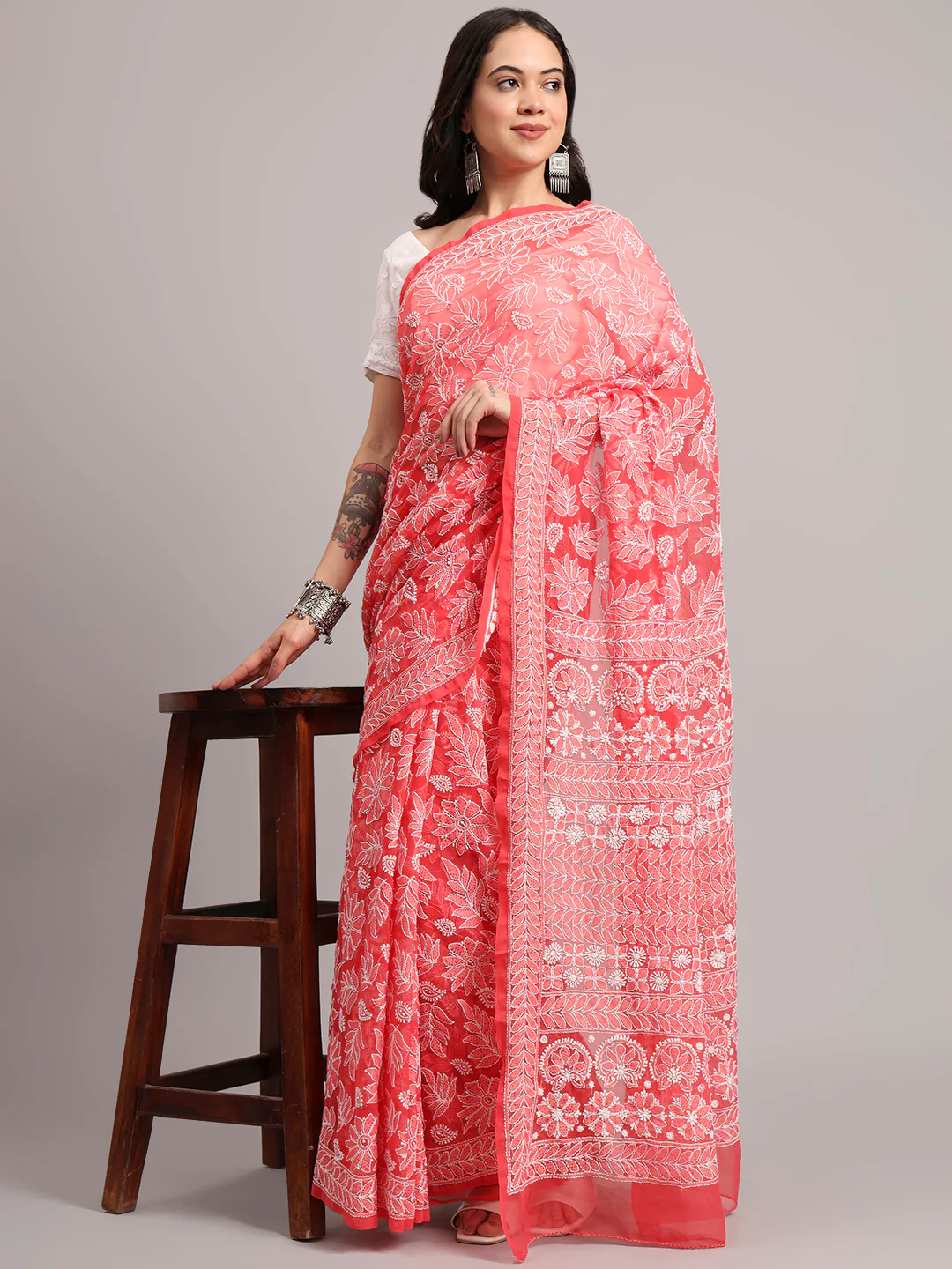 Sahida Authentic Chikankari Full Jaal Saree - Coral - Image 6