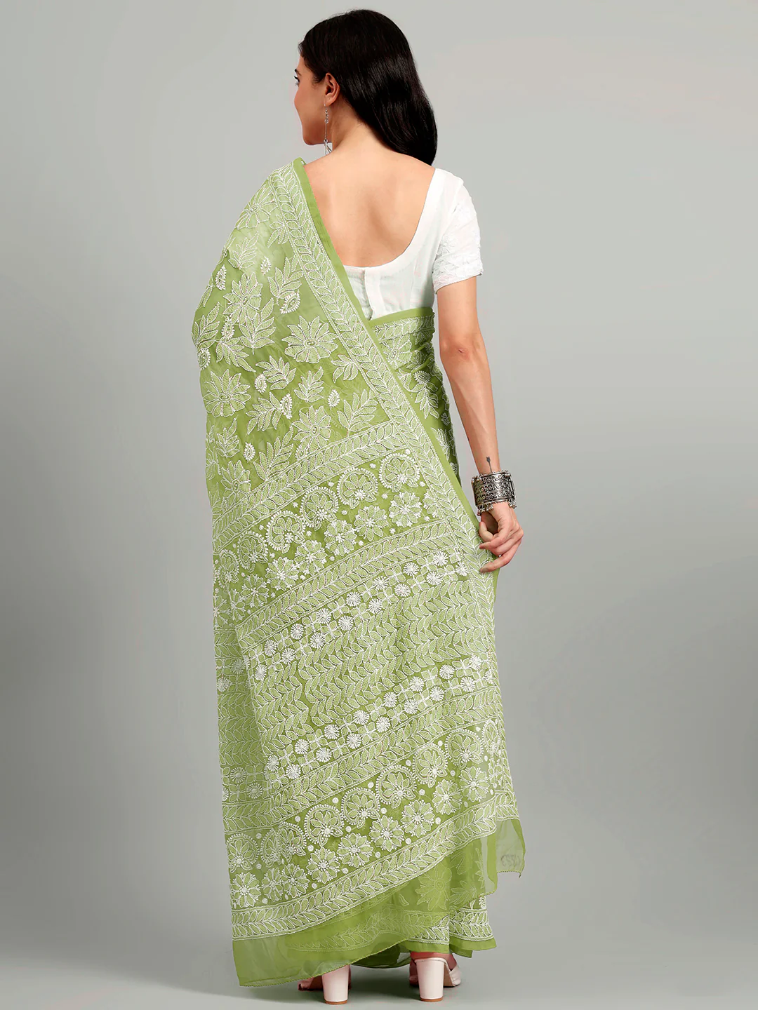 Sahida Authentic Chikankari Full Jaal Saree - Light Green - Image 2