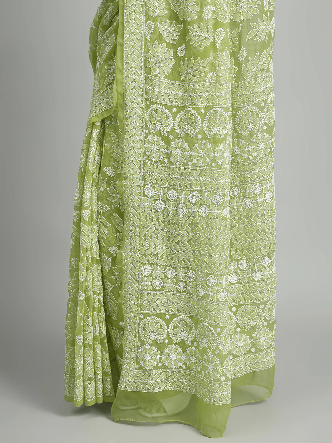 Sahida Authentic Chikankari Full Jaal Saree - Light Green - Image 3