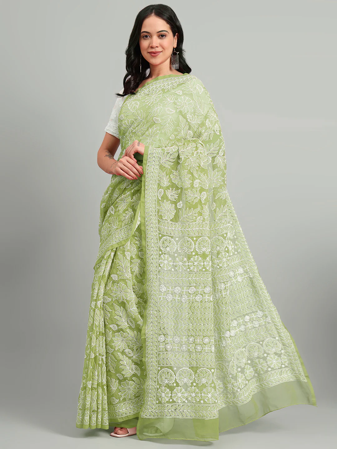 Sahida Authentic Chikankari Full Jaal Saree - Light Green - Image 4