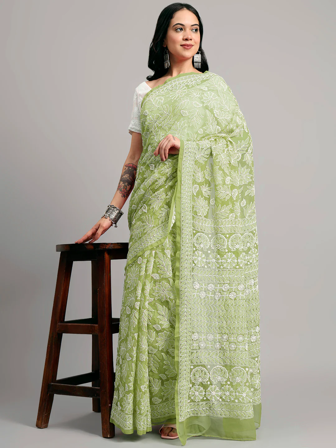 Sahida Authentic Chikankari Full Jaal Saree - Light Green - Image 5