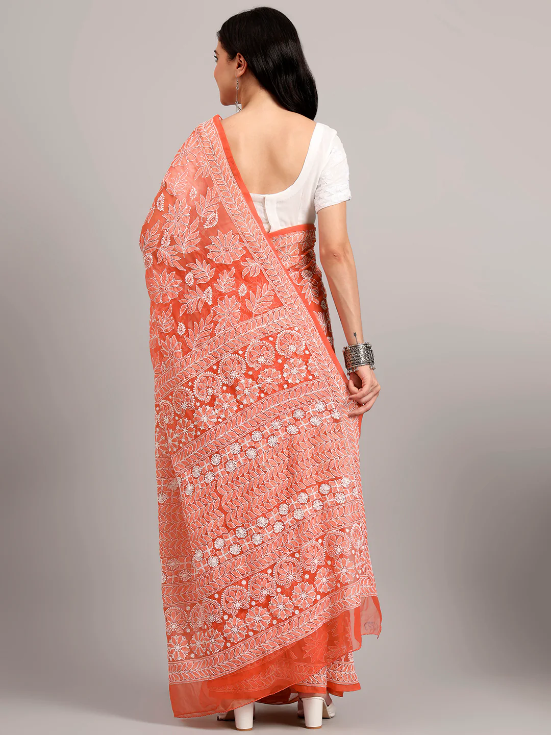 Sahida Authentic Chikankari Full Jaal Saree - Peach - Image 2