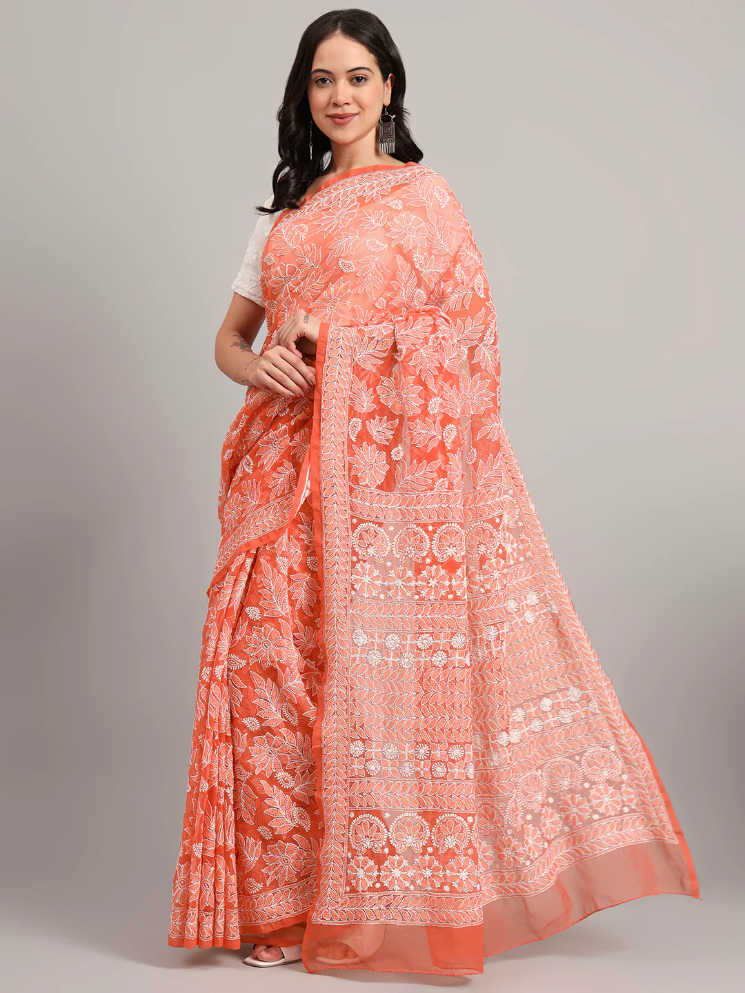 Sahida Authentic Chikankari Full Jaal Saree - Peach - Image 4