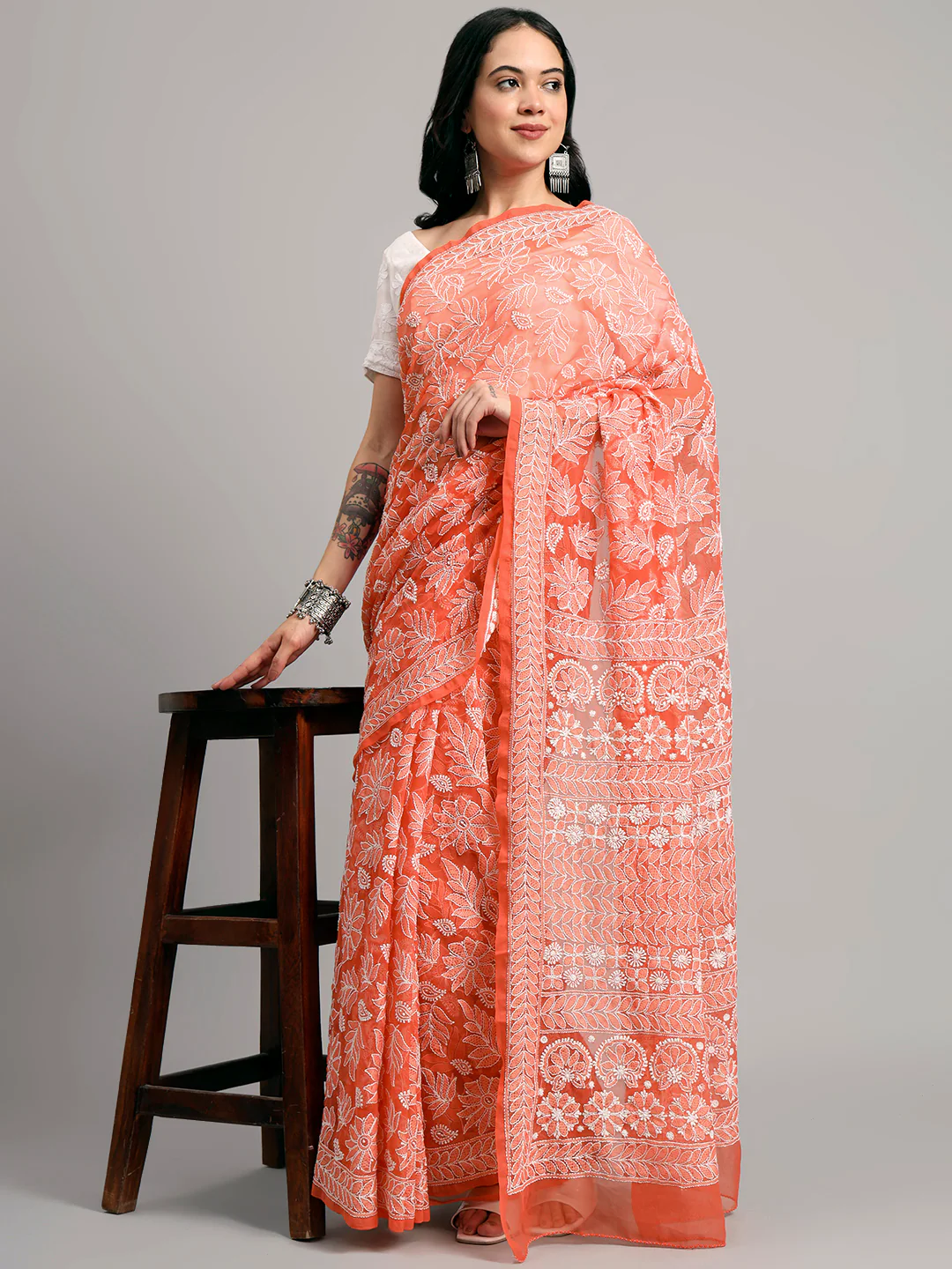 Sahida Authentic Chikankari Full Jaal Saree - Peach - Image 5