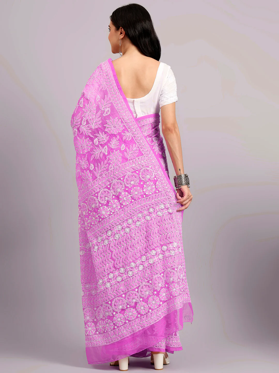 Sahida Authentic Chikankari Full Jaal Saree - Pink - Image 2