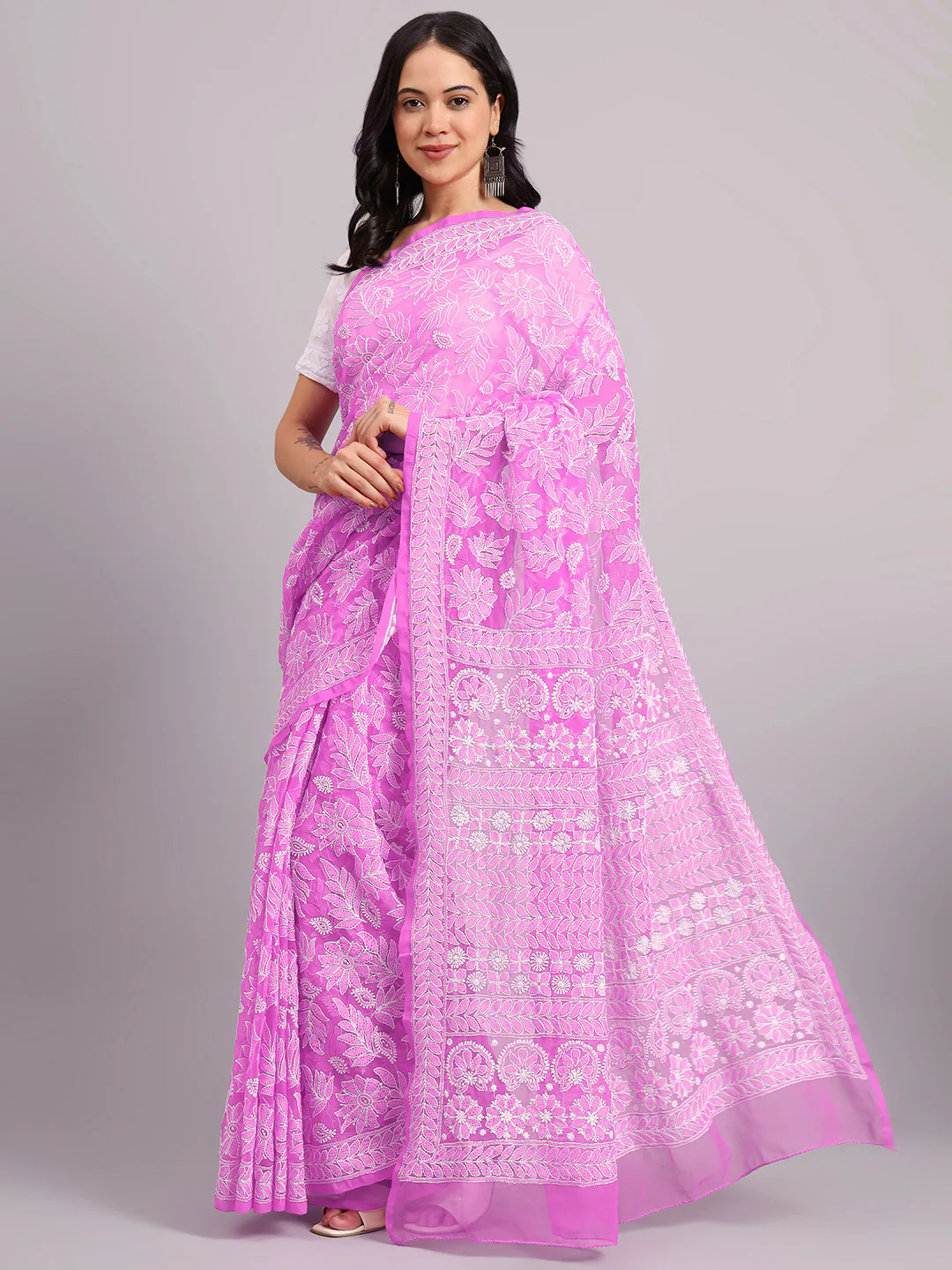 Sahida Authentic Chikankari Full Jaal Saree - Pink - Image 4