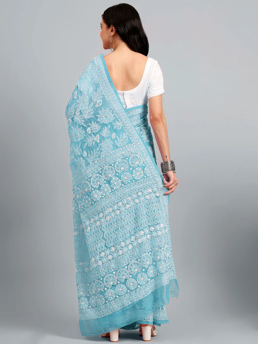 Sahida Authentic Chikankari Full Jaal Saree - Sky Blue - Image 2