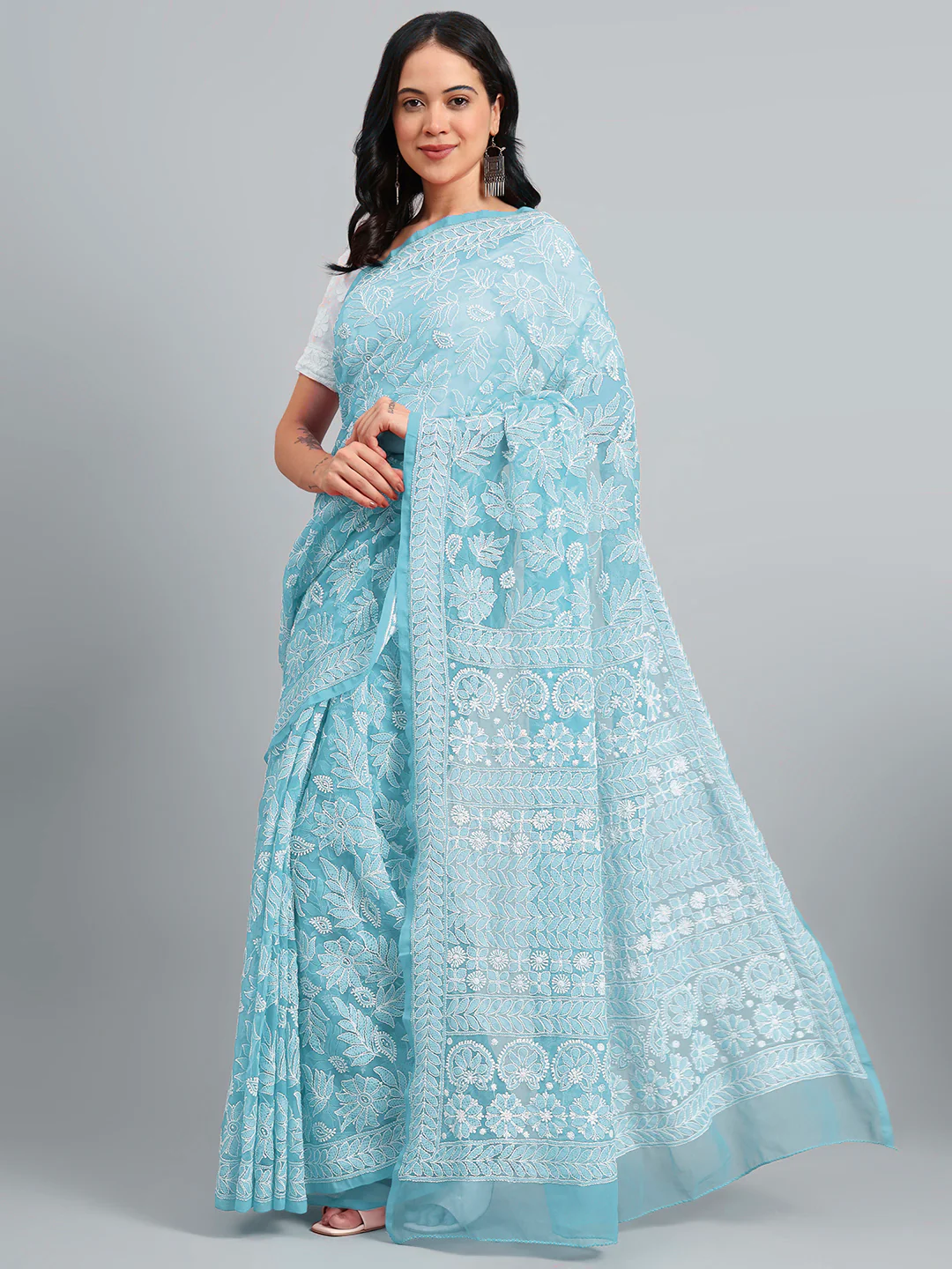 Sahida Authentic Chikankari Full Jaal Saree - Sky Blue - Image 4