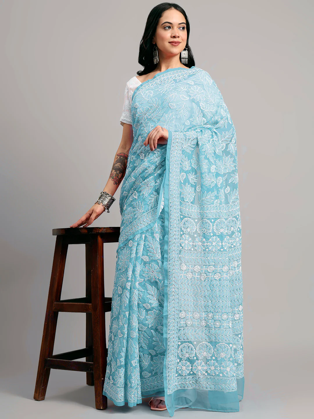 Sahida Authentic Chikankari Full Jaal Saree - Sky Blue - Image 5