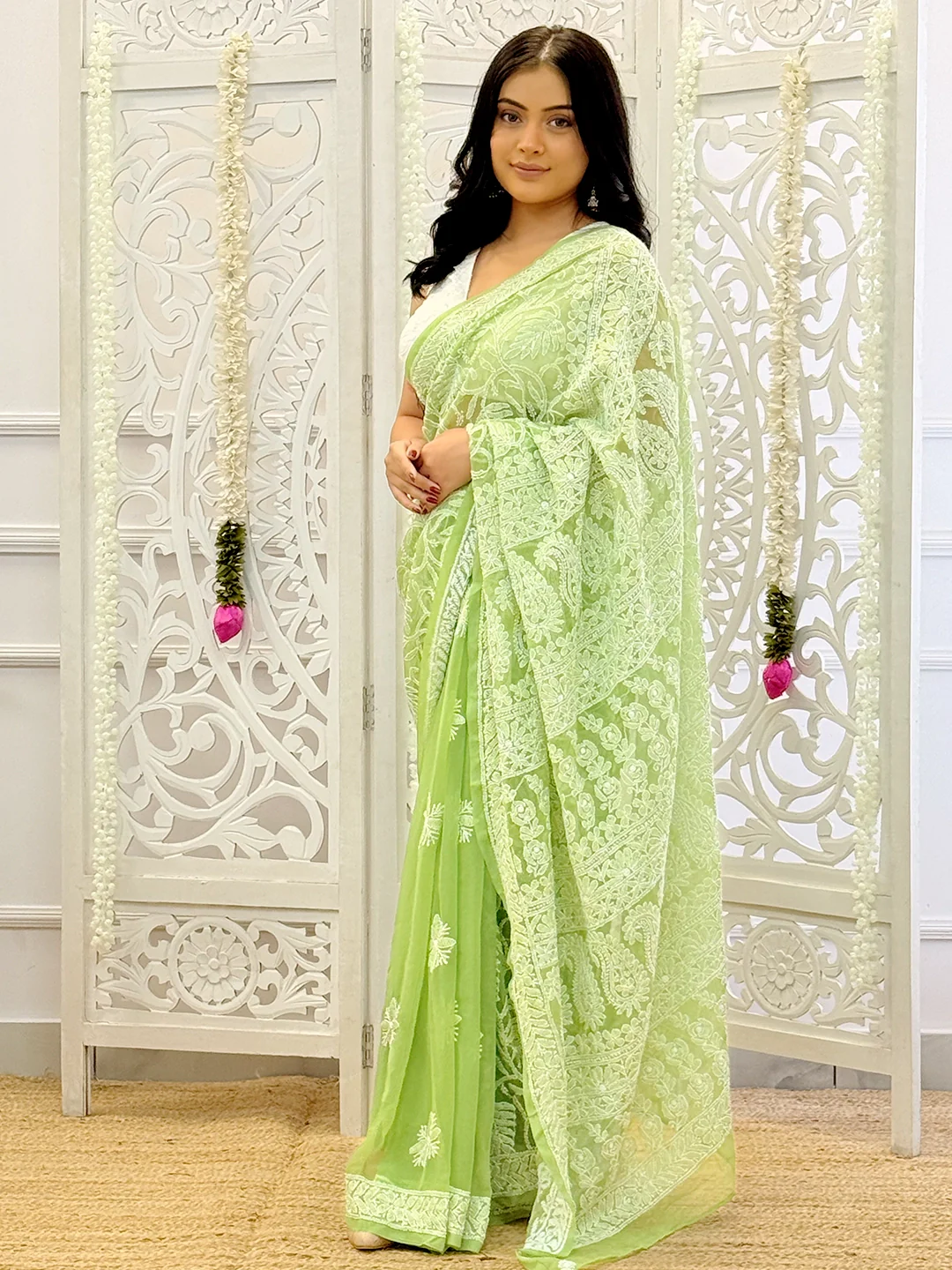 Sahira Georgette Chikankari Half Jaal Saree - Green - Image 4