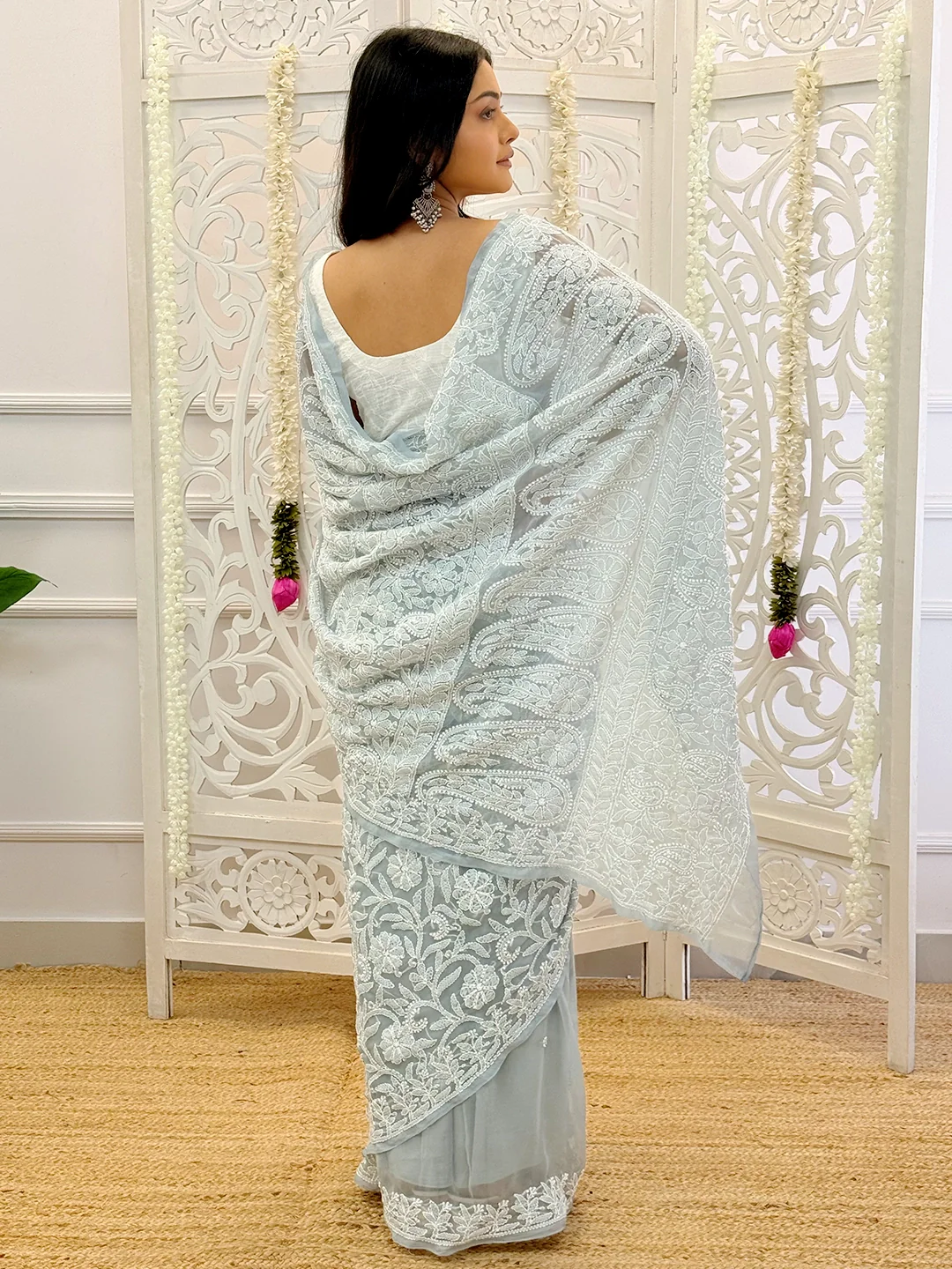 Sahira Georgette Chikankari Half Jaal Saree - Grey - Image 5