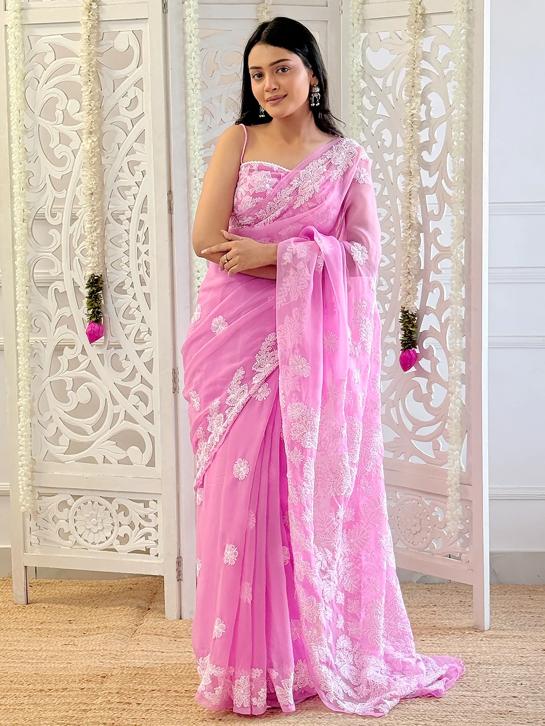Sahira Georgette Chikankari Half Jaal Saree - Pink