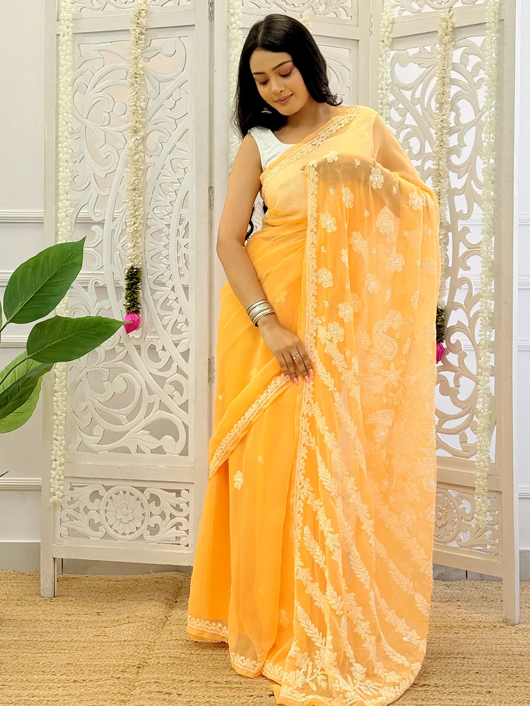 Sahira Georgette Chikankari Half Jaal Saree - Yellow
