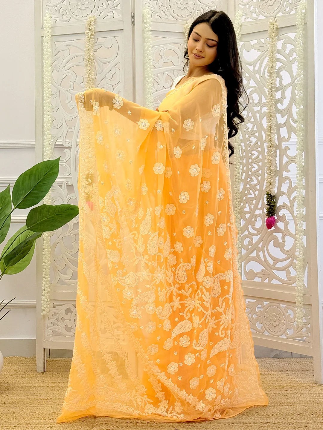 Sahira Georgette Chikankari Half Jaal Saree - Yellow - Image 3