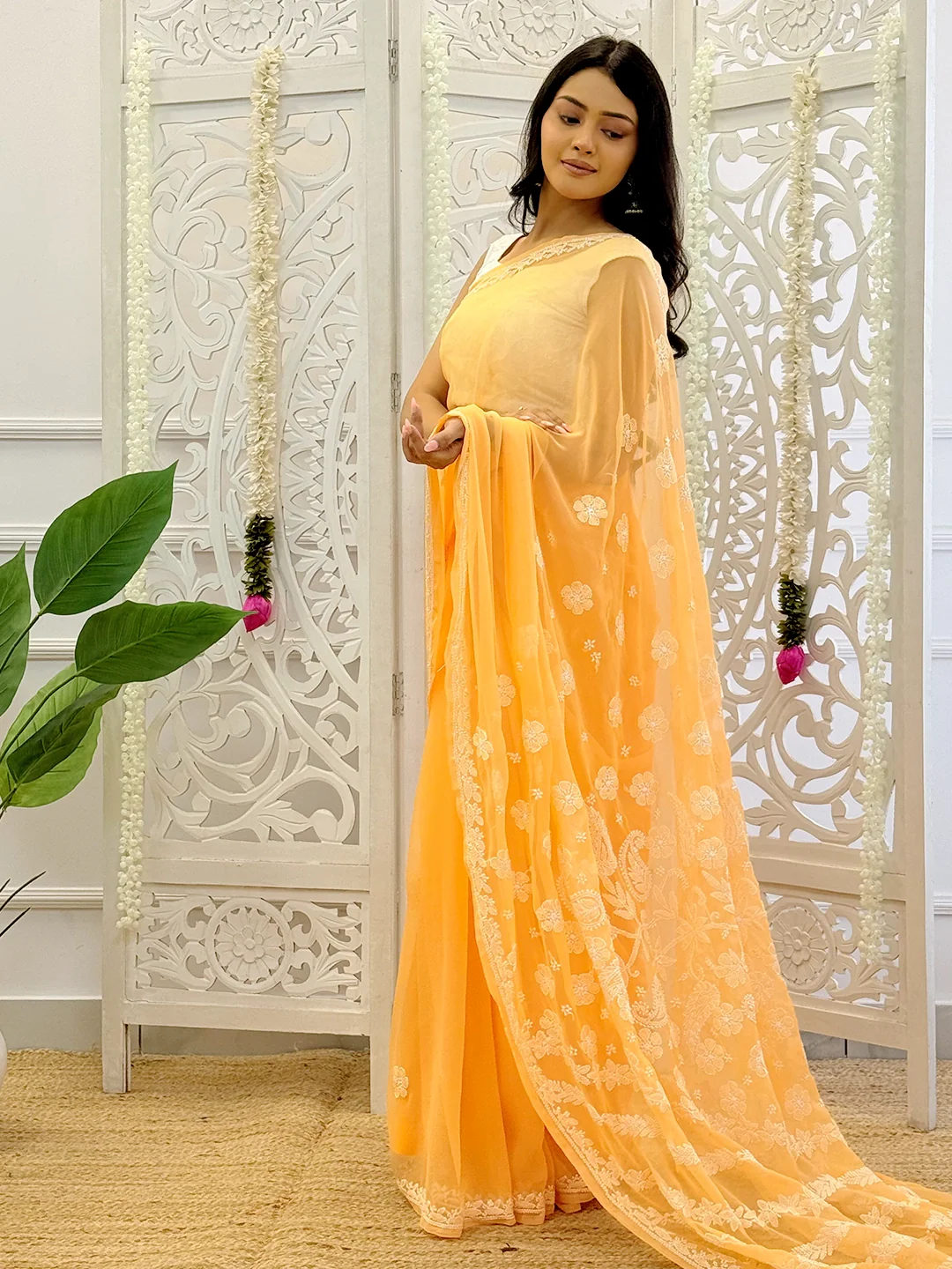 Sahira Georgette Chikankari Half Jaal Saree - Yellow - Image 4