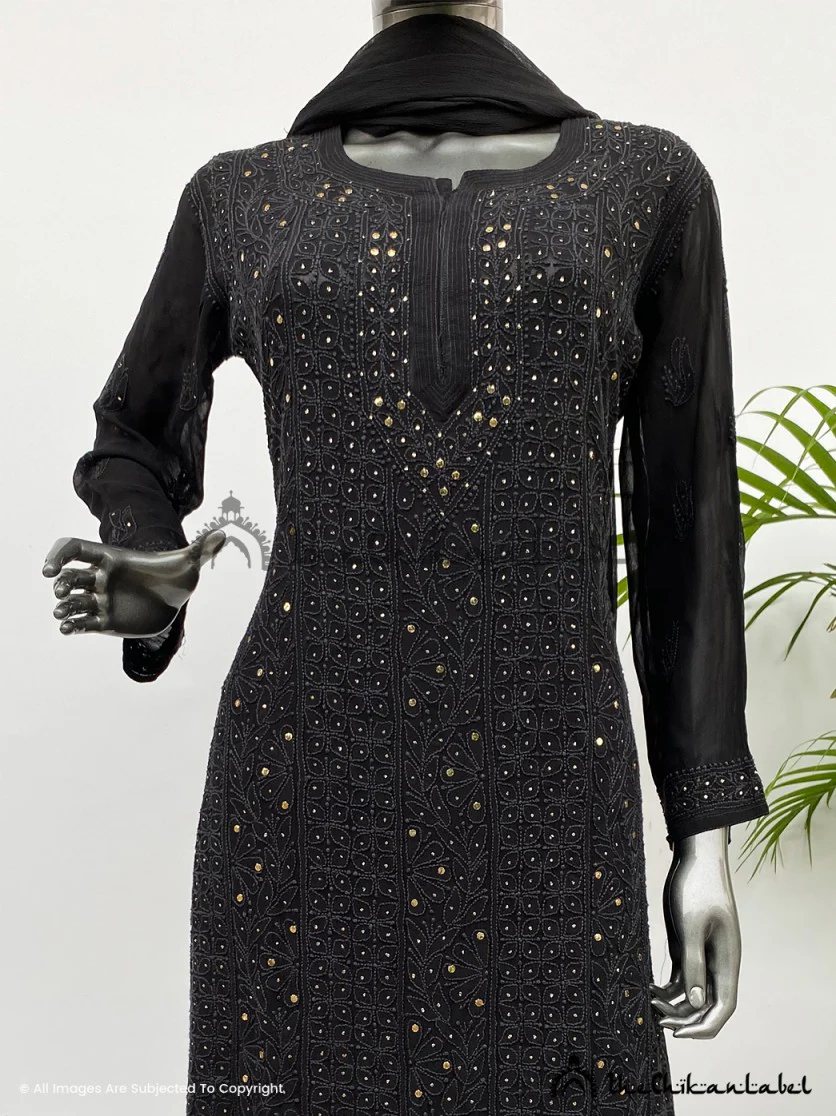 Saloni Sehra Sitara Chikankari Viscose Kurta Set with Dupatta - Black - Image 3