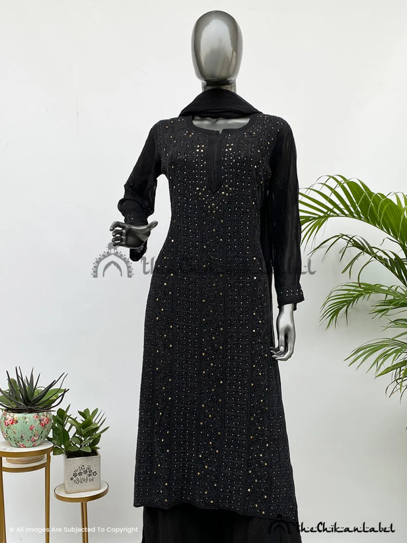 Saloni Sehra Sitara Chikankari Viscose Kurta Set with Dupatta - Black - Image 4