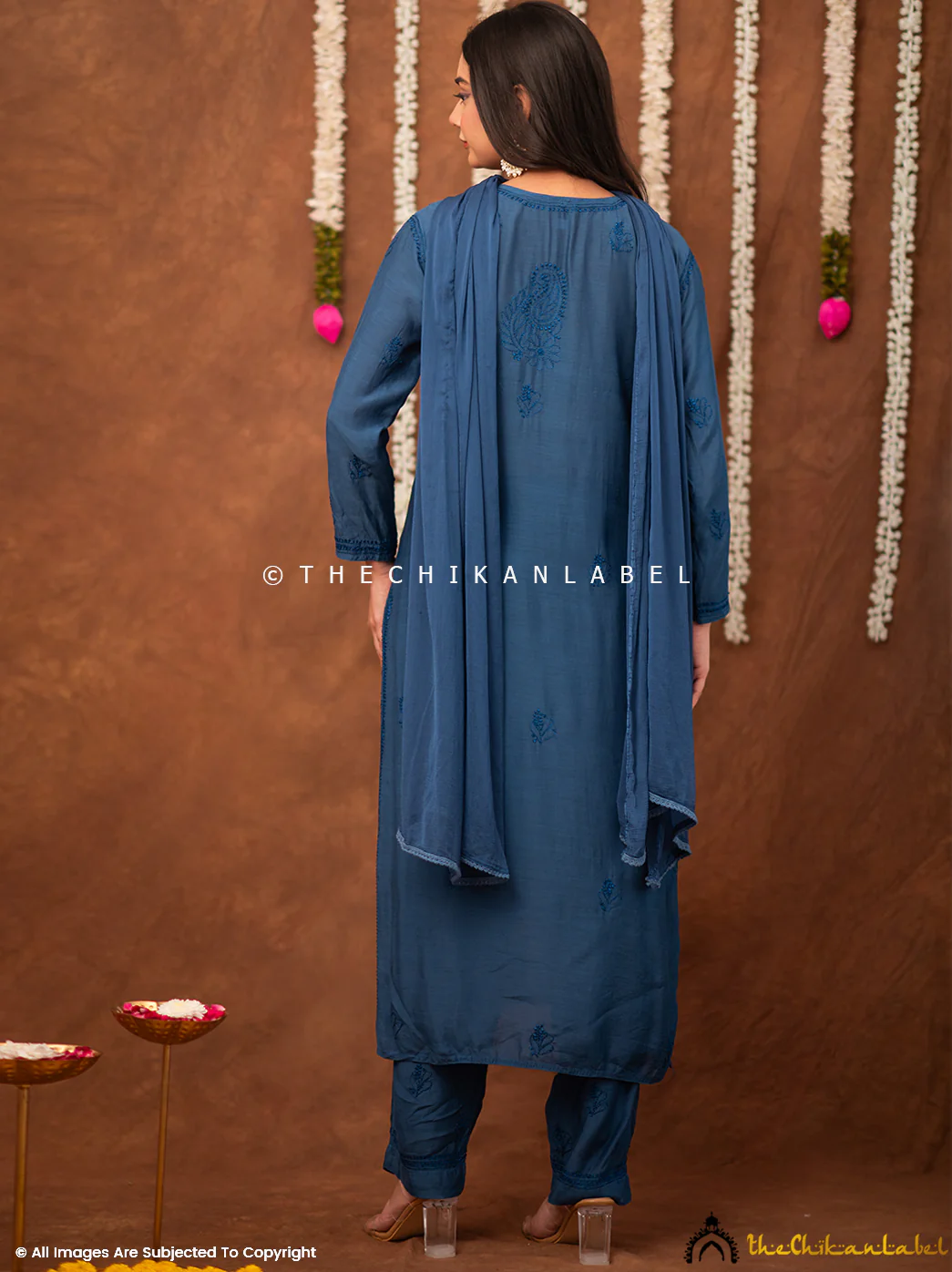Samaira Muslin Chikankari Straight Kurta Set with Dupatta - Blue - Image 3