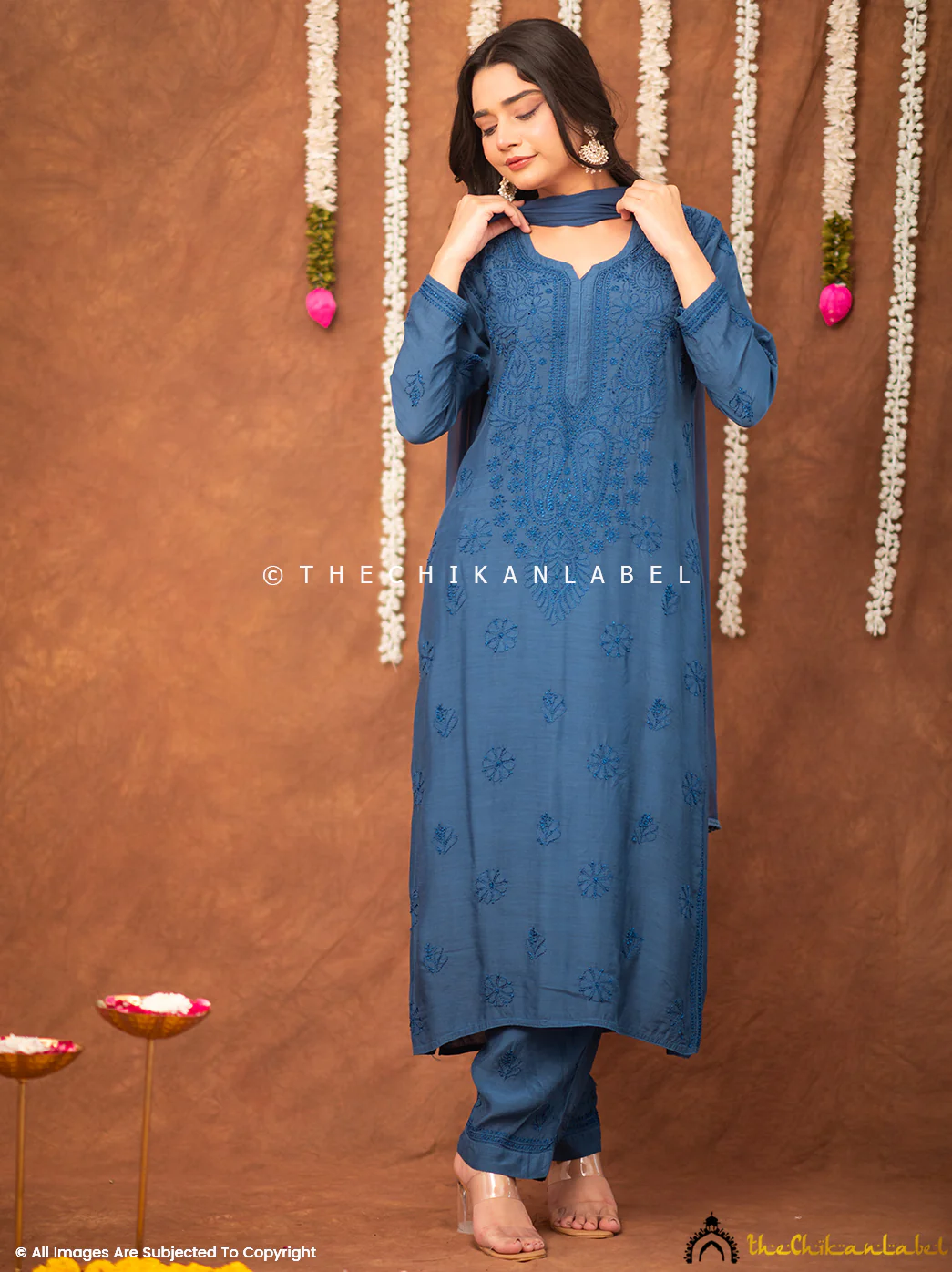 Samaira Muslin Chikankari Straight Kurta Set with Dupatta - Blue - Image 4