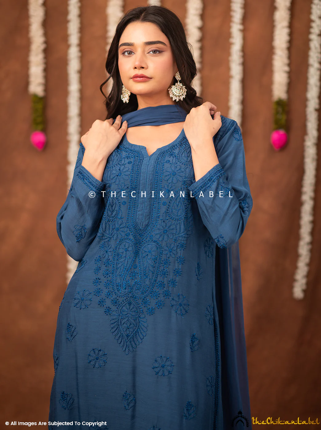 Samaira Muslin Chikankari Straight Kurta Set with Dupatta - Blue - Image 5