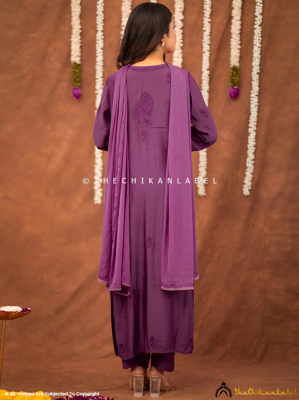 Samaira Muslin Chikankari Straight Kurta Set with Dupatta - Purple - Image 3