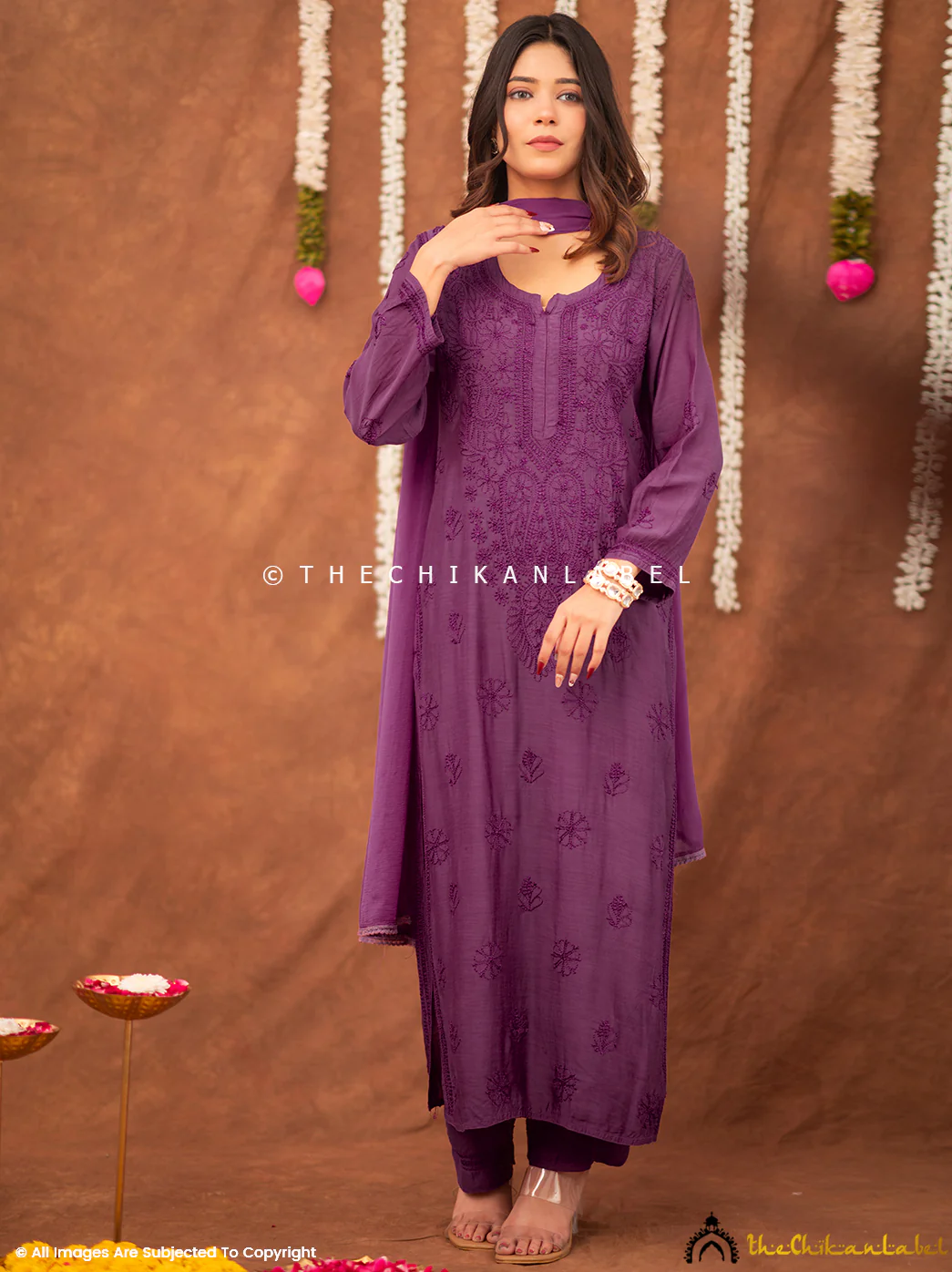 Samaira Muslin Chikankari Straight Kurta Set with Dupatta - Purple - Image 4