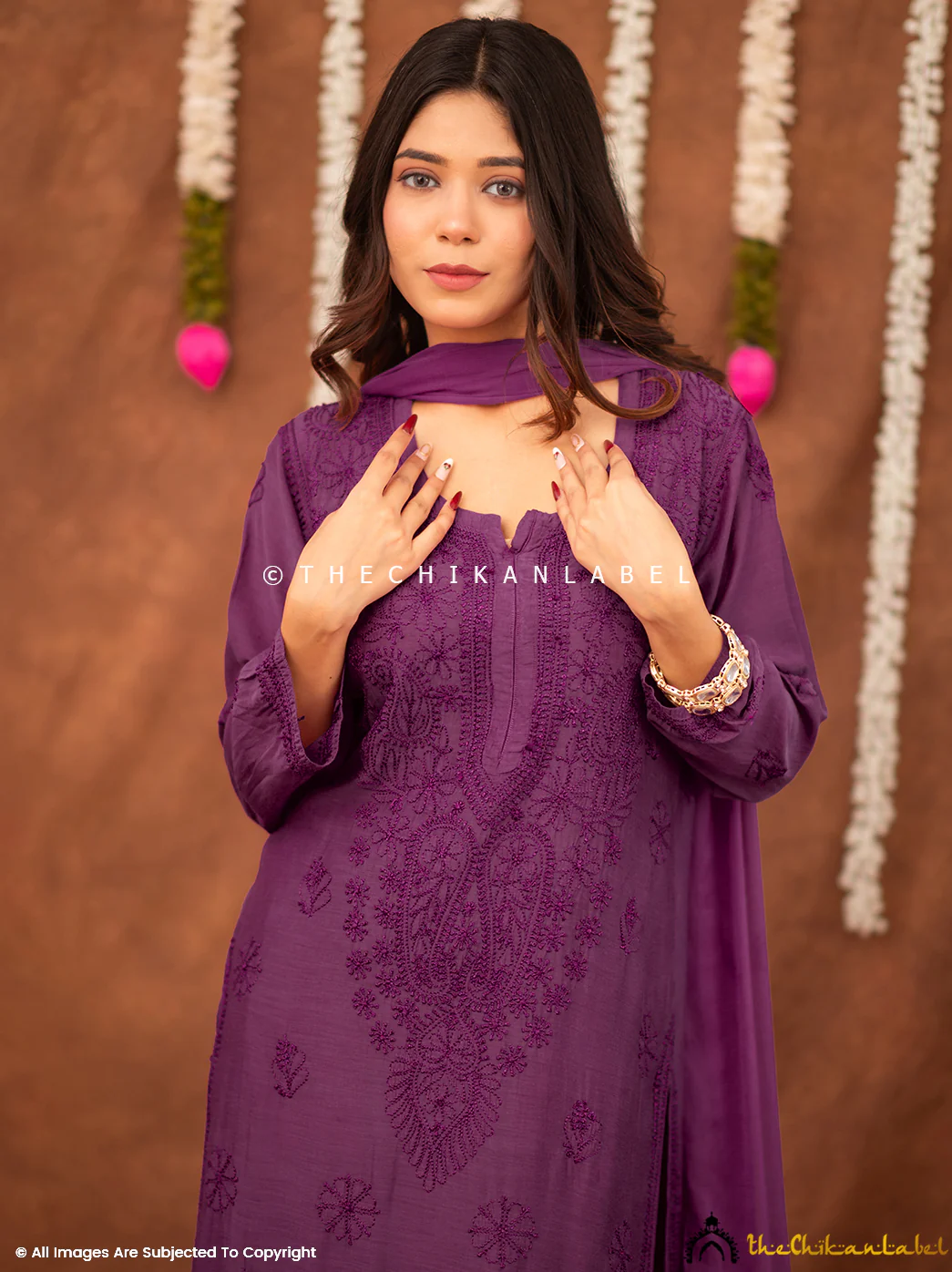 Samaira Muslin Chikankari Straight Kurta Set with Dupatta - Purple - Image 5