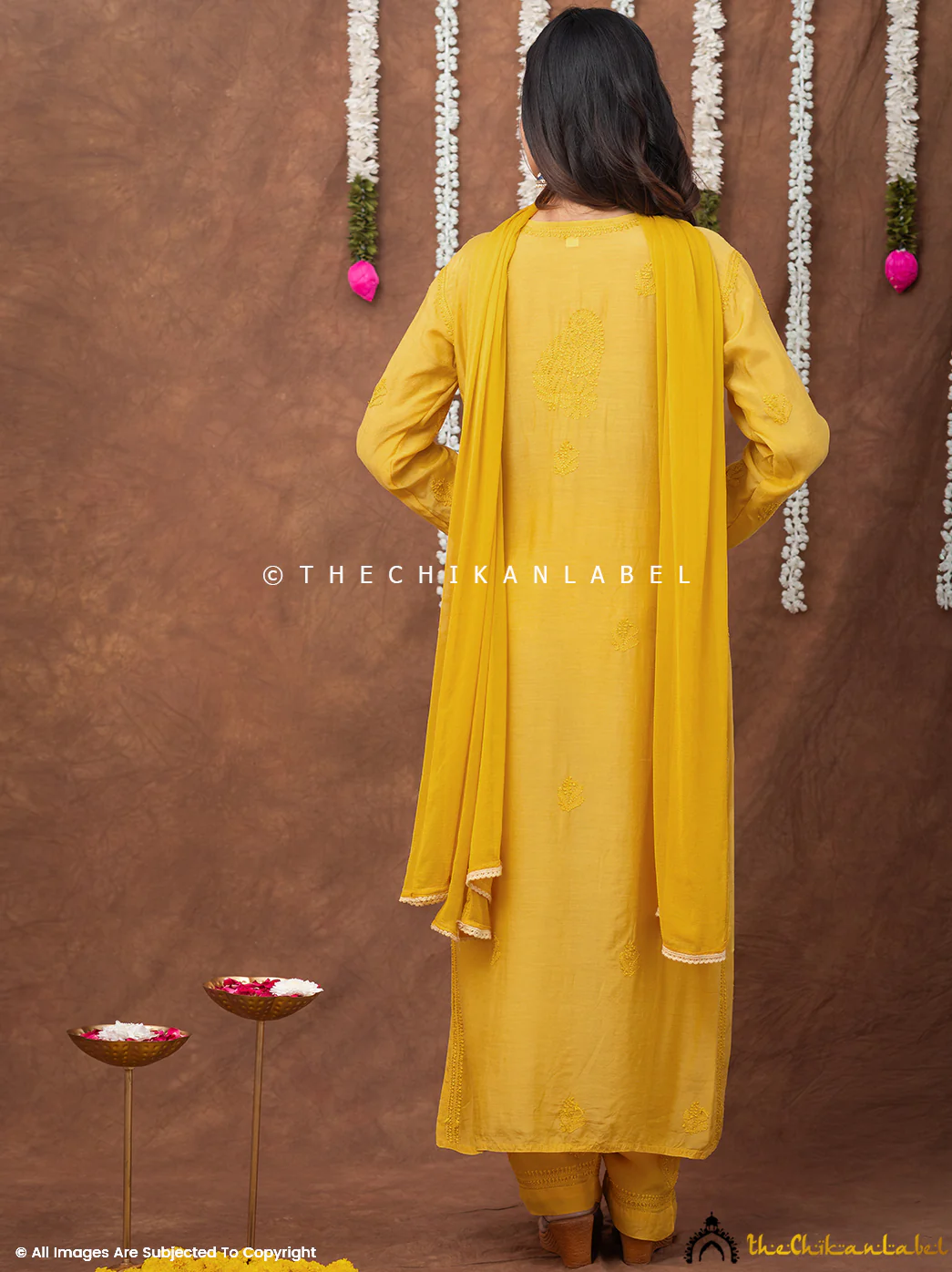 Samaira Muslin Chikankari Straight Kurta Set with Dupatta - Yellow - Image 3