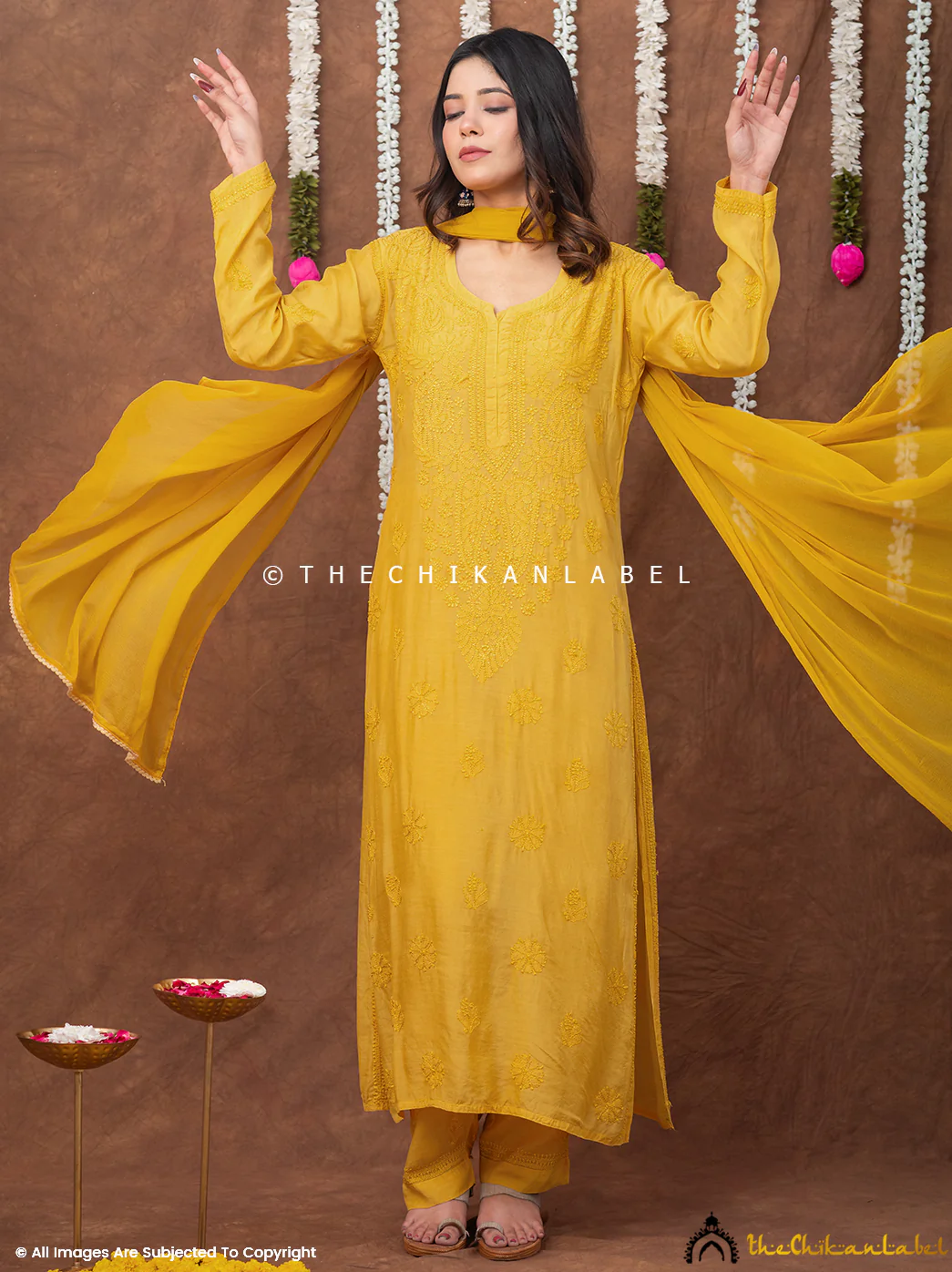 Samaira Muslin Chikankari Straight Kurta Set with Dupatta - Yellow - Image 4