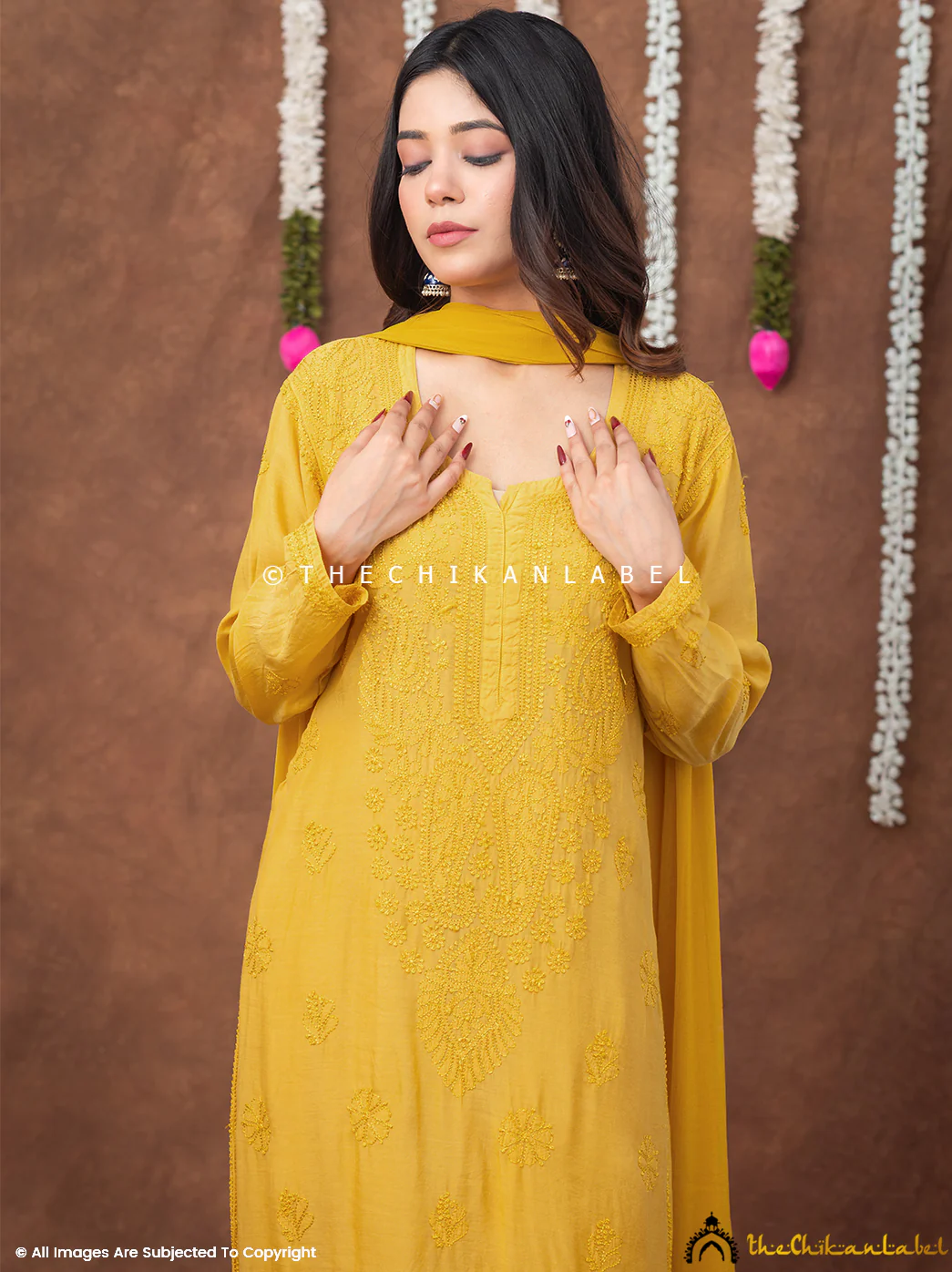 Samaira Muslin Chikankari Straight Kurta Set with Dupatta - Yellow - Image 5