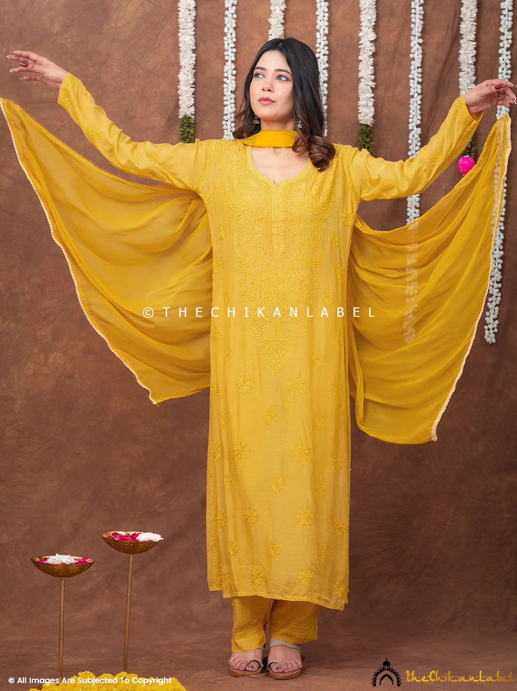 Samaira Muslin Chikankari Straight Kurta Set with Dupatta - Yellow - Image 6