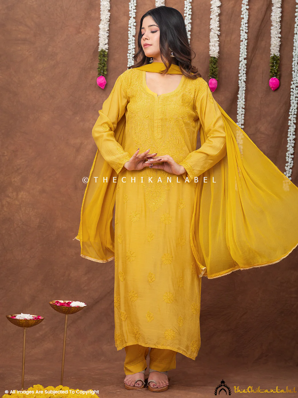 Samaira Muslin Chikankari Straight Kurta Set with Dupatta - Yellow - Image 7