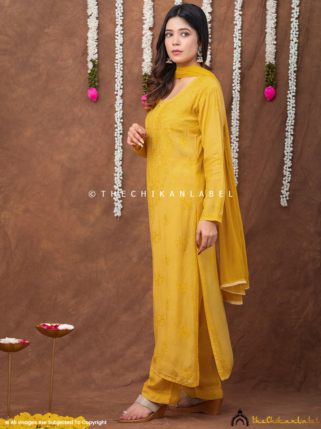 Samaira Muslin Chikankari Straight Kurta Set with Dupatta - Yellow - Image 8