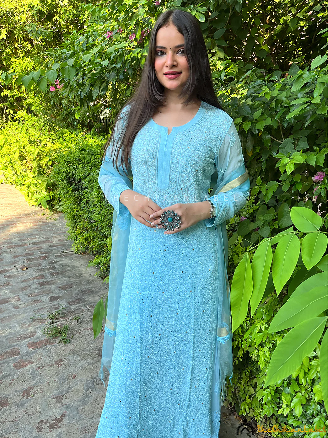 Sara Ali Khan Tara Viscose Chikankari Straight Kurta Set with Dupatta -  Blue - Image 3