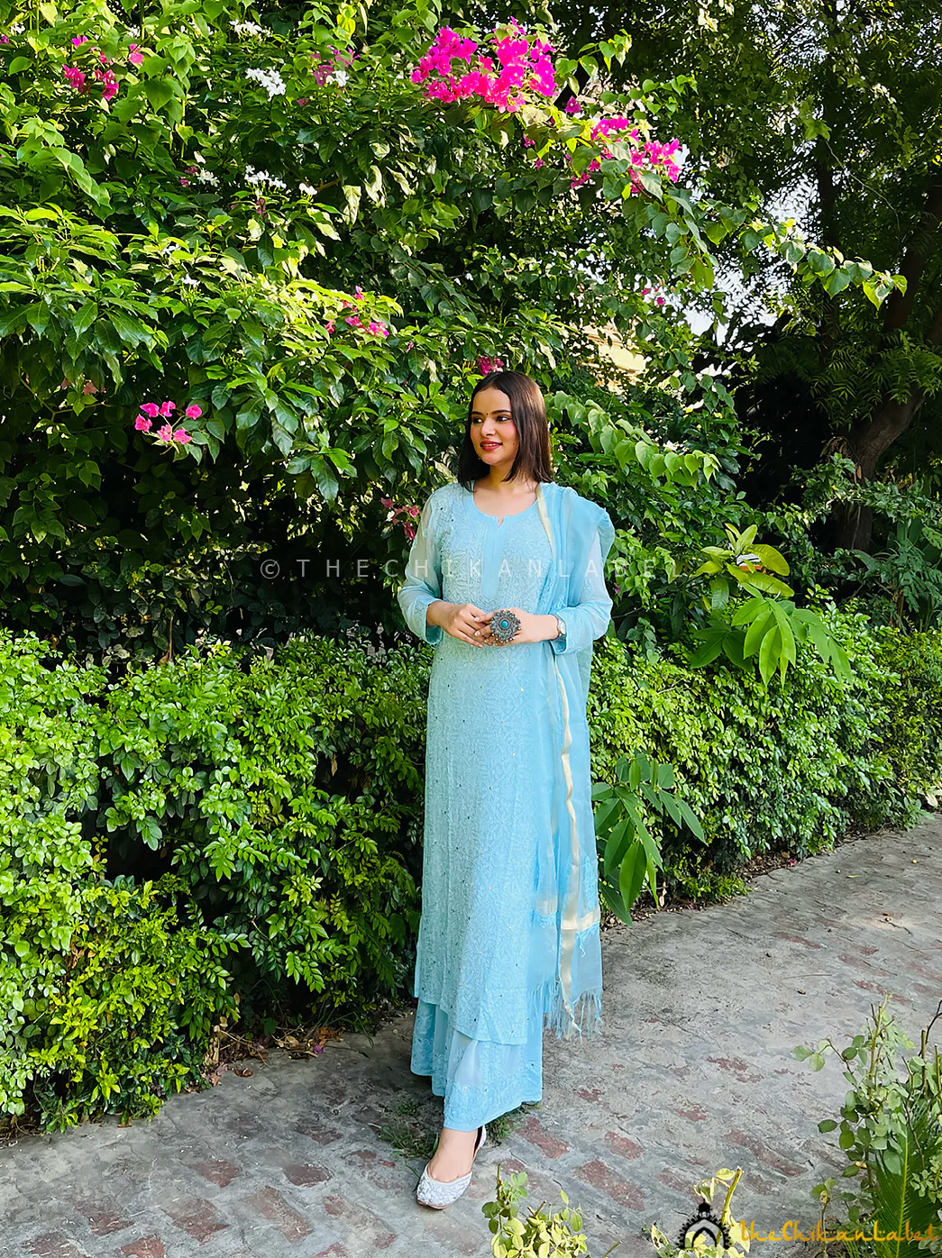 Sara Ali Khan Tara Viscose Chikankari Straight Kurta Set with Dupatta -  Blue - Image 4