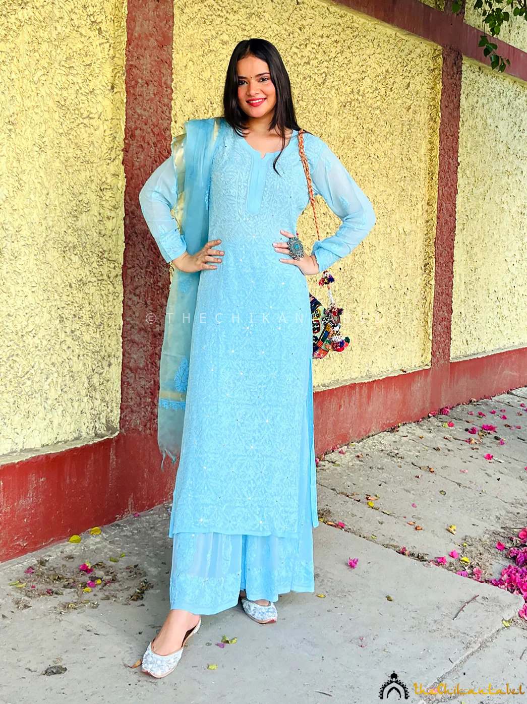 Sara Ali Khan Tara Viscose Chikankari Straight Kurta Set with Dupatta -  Blue - Image 5