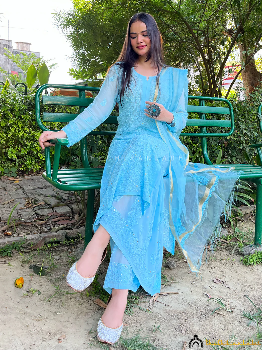 Sara Ali Khan Tara Viscose Chikankari Straight Kurta Set with Dupatta -  Blue - Image 6