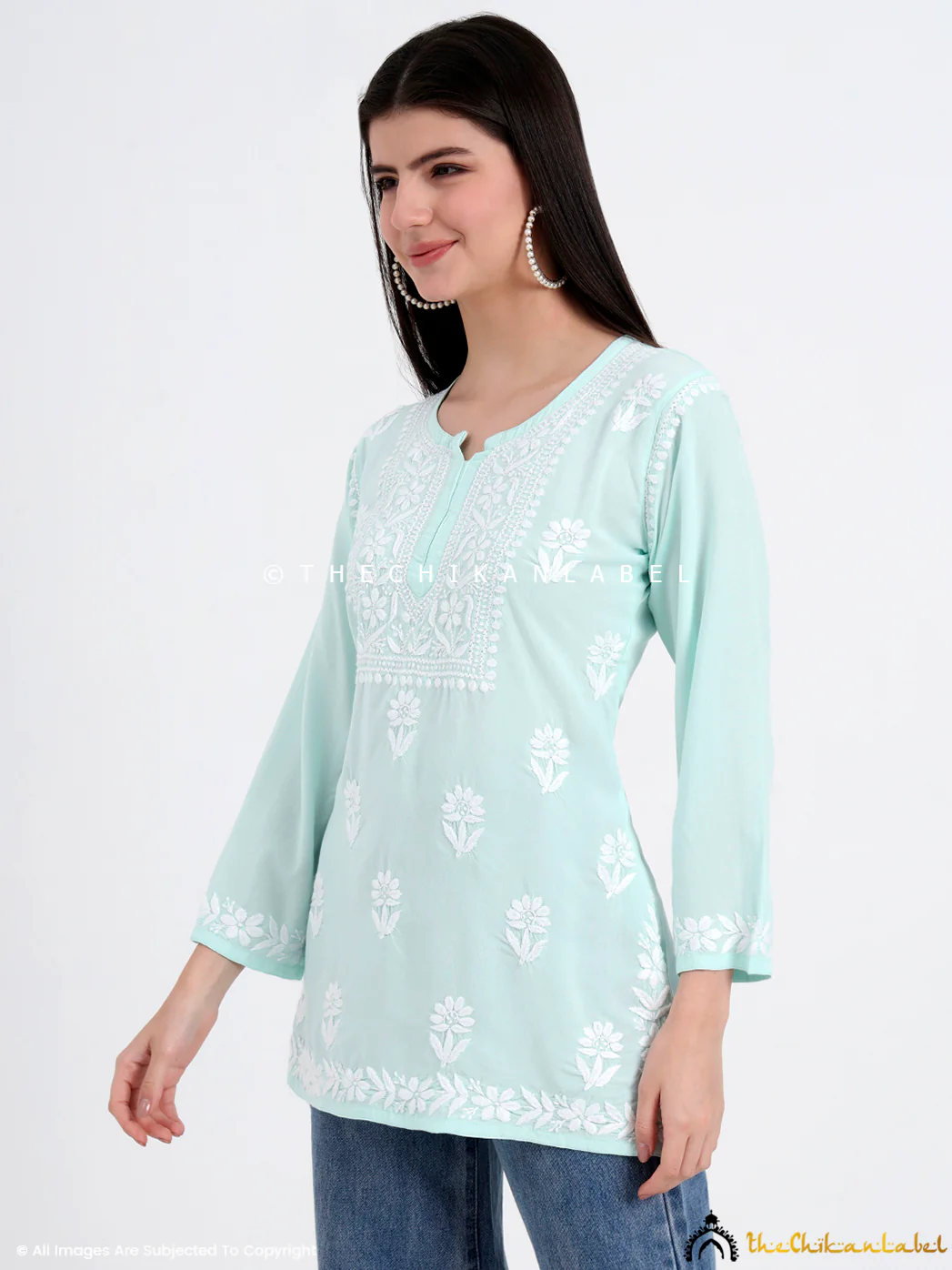 Ayesha Rayon Chikankari Short Top - Sea Green - Image 3