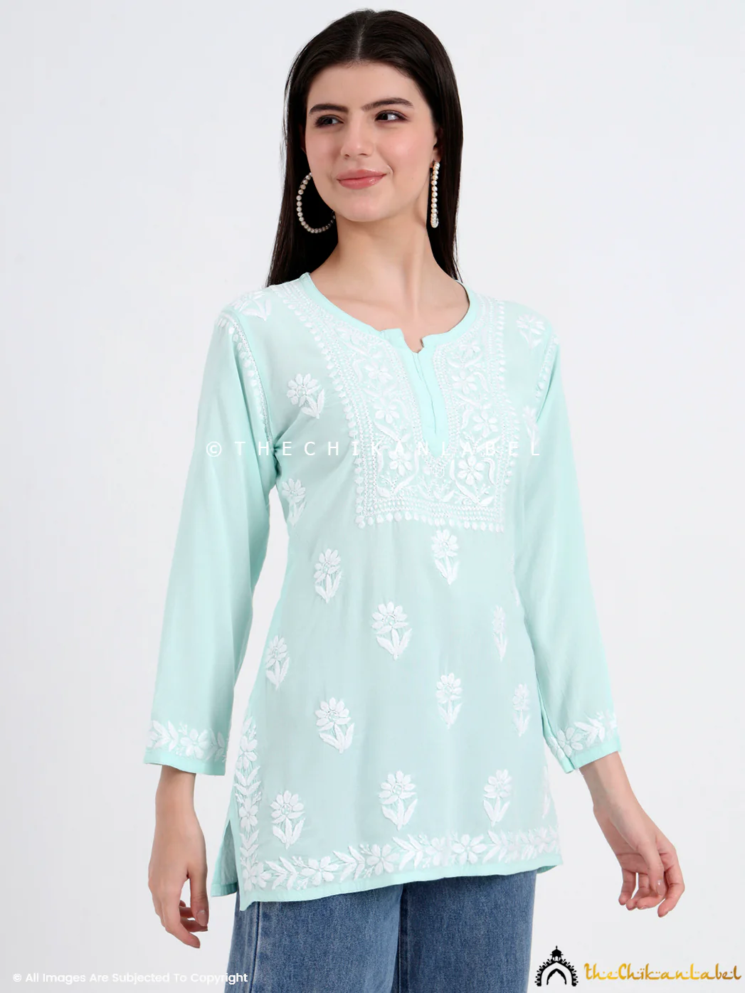 Ayesha Rayon Chikankari Short Top - Sea Green - Image 4