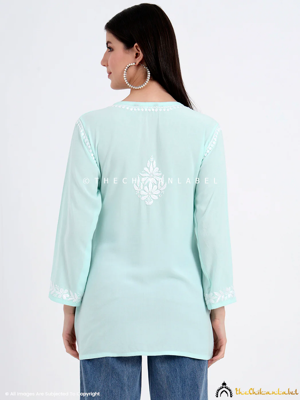 Ayesha Rayon Chikankari Short Top - Sea Green - Image 5