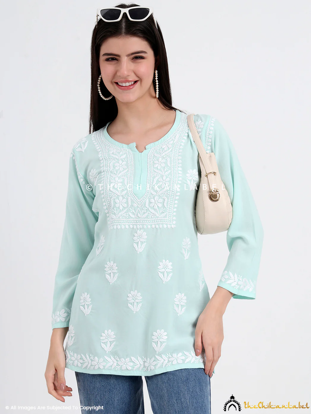 Ayesha Rayon Chikankari Short Top - Sea Green - Image 6