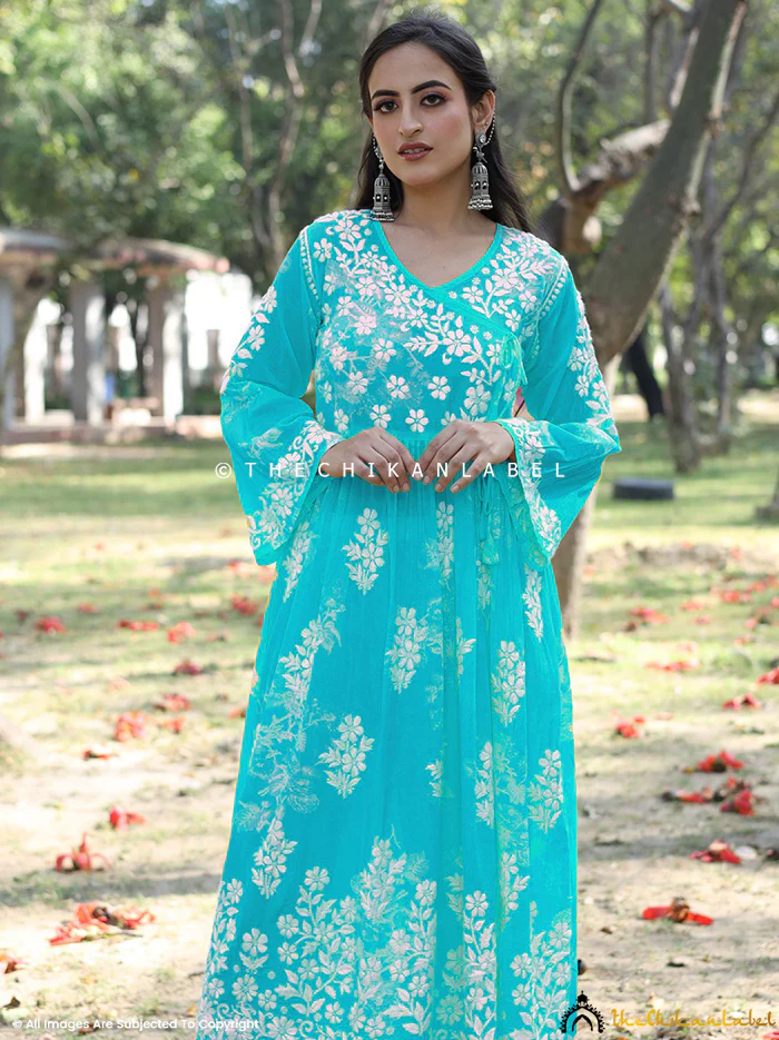 Biba Mulmul Cotton Chikankari Angrakha - Sea Green - Image 3