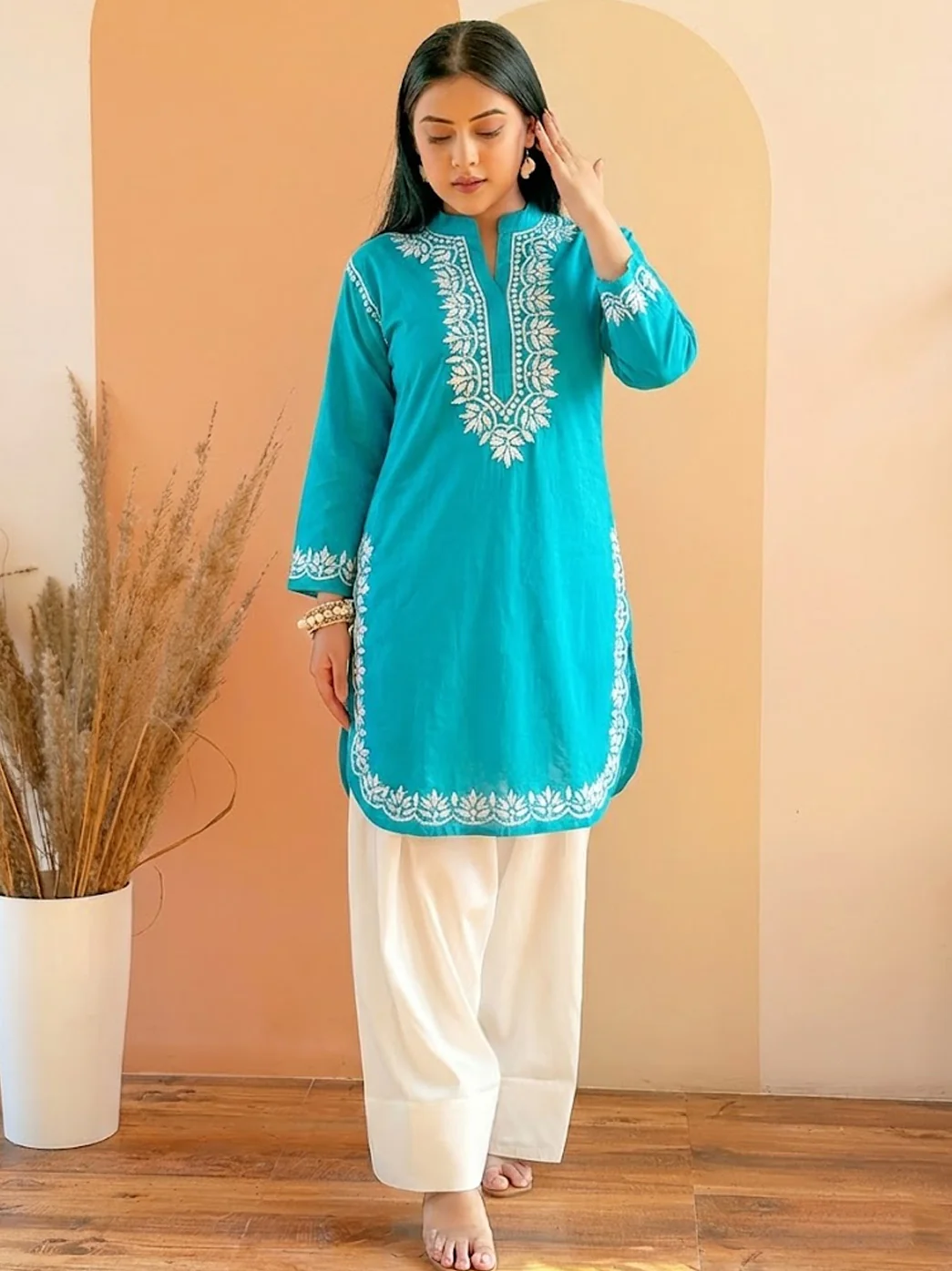 Sea Green Cotton Chikankari Farshi Salwar Set - Image 3