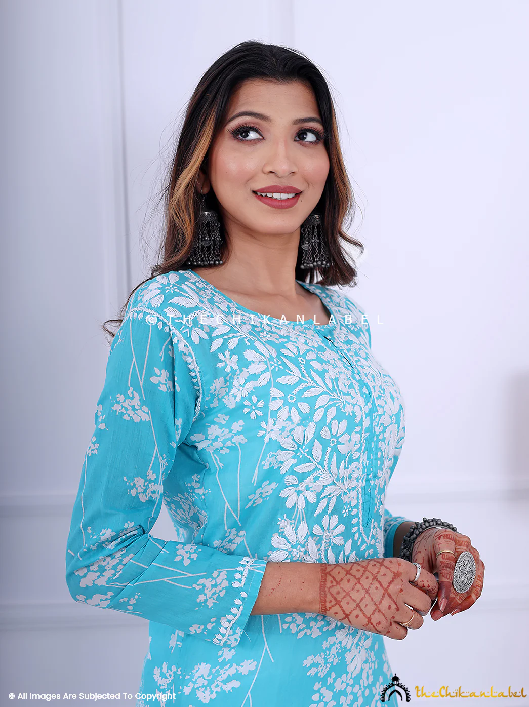 Sea Green Cotton Printed Chikankari Straight Kurti - Image 4