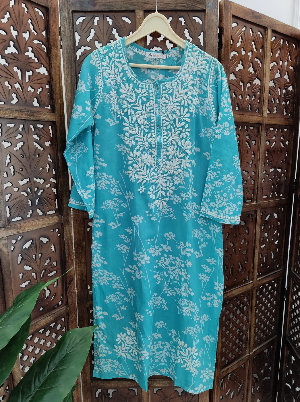 Sea Green Cotton Printed Chikankari Straight Kurti - Image 5