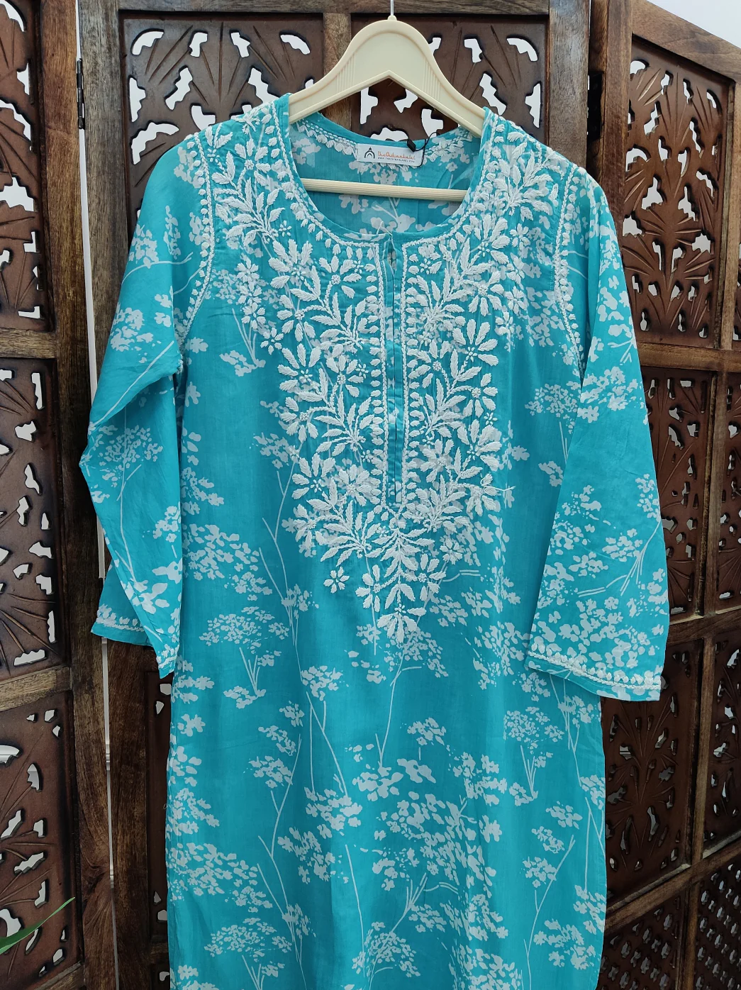 Sea Green Cotton Printed Chikankari Straight Kurti - Image 6