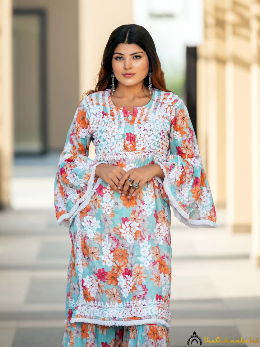 Floral Mulmul Chikankari Kurta Garara Set - Image 2