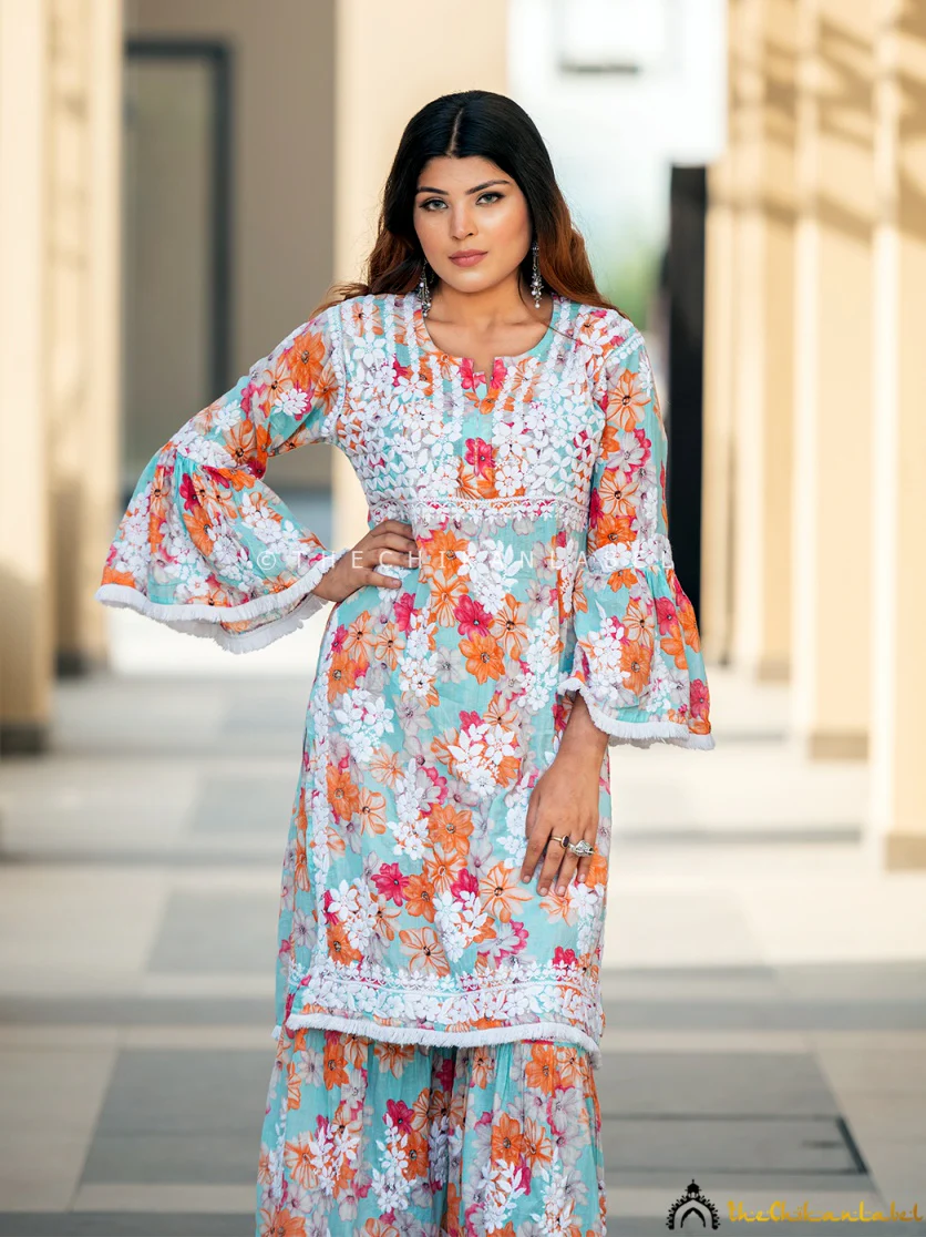 Floral Mulmul Chikankari Kurta Garara Set - Image 3