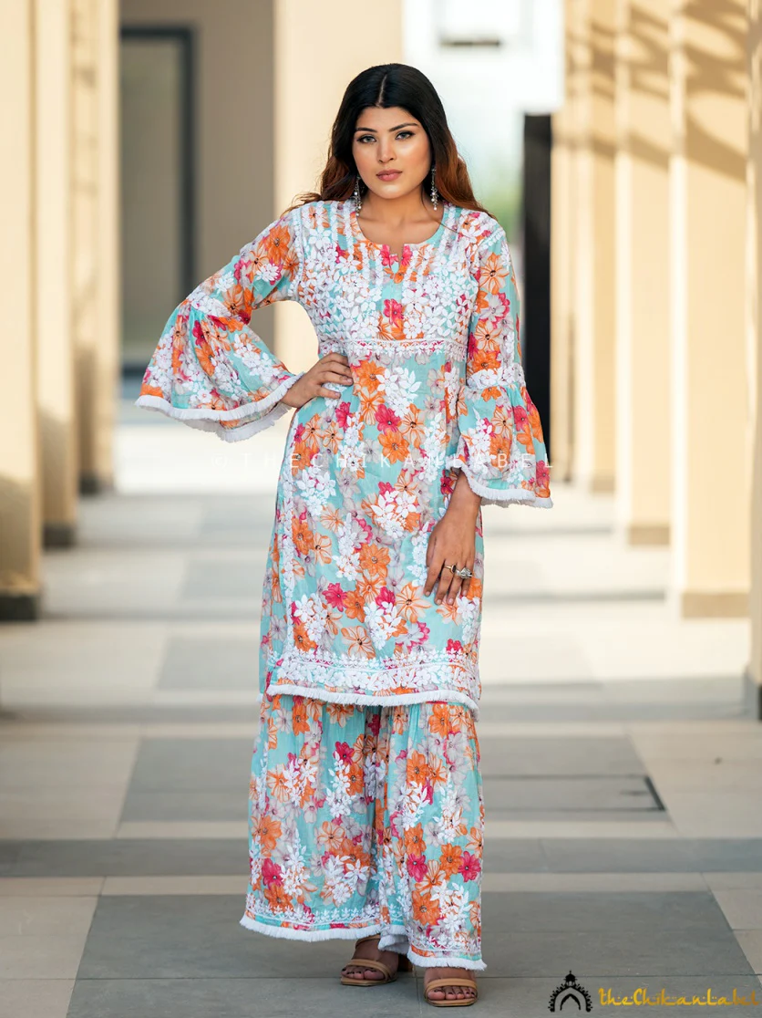Floral Mulmul Chikankari Kurta Garara Set - Image 4