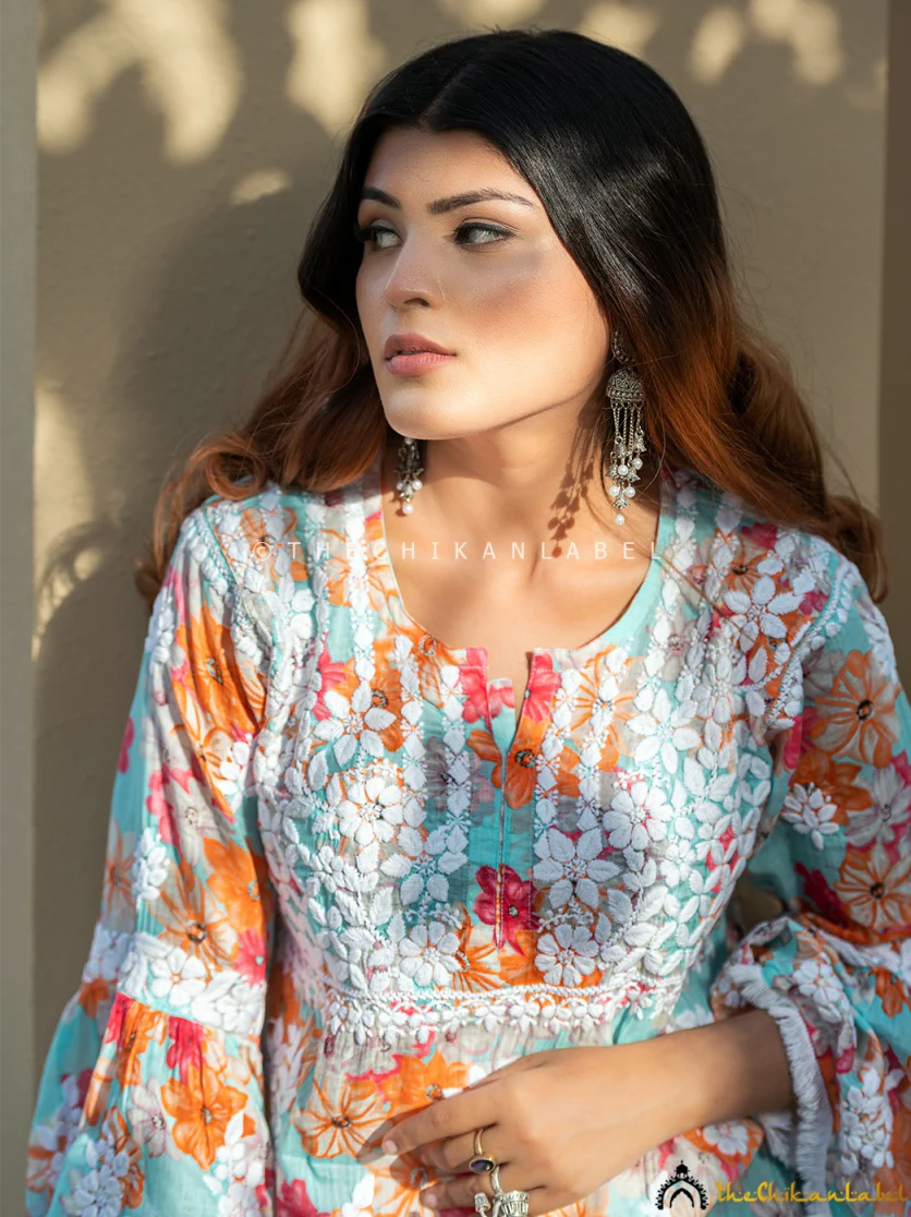 Floral Mulmul Chikankari Kurta Garara Set - Image 5